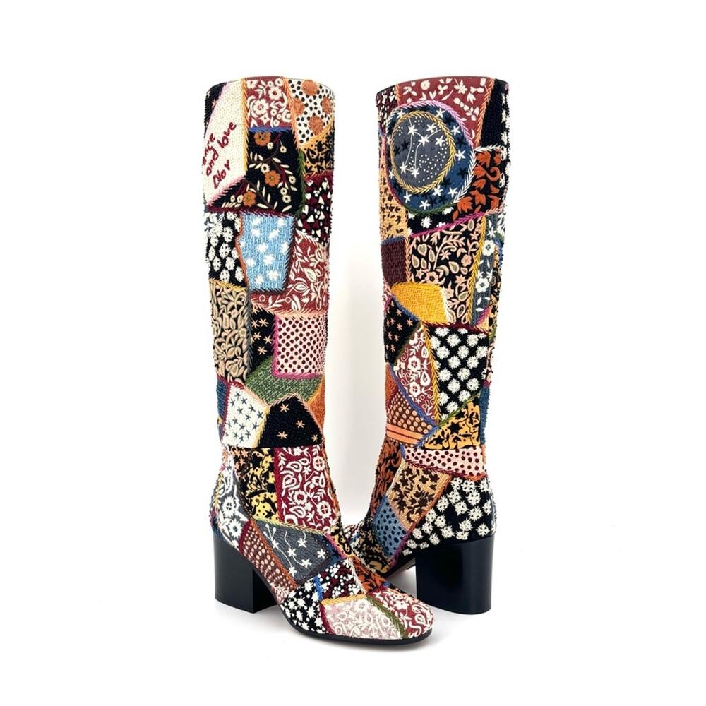 NEW Dior Diorage Patchwork Embroidered Beaded Peace Love Knee High Boots 36.5